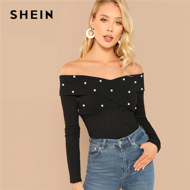 

SHEIN Black Office Lady Modern Pearls Cross Wrap Front Rib Knit Bardot Solid Tee 2018 Autumn Elegant Workwear Women Tshirt Top