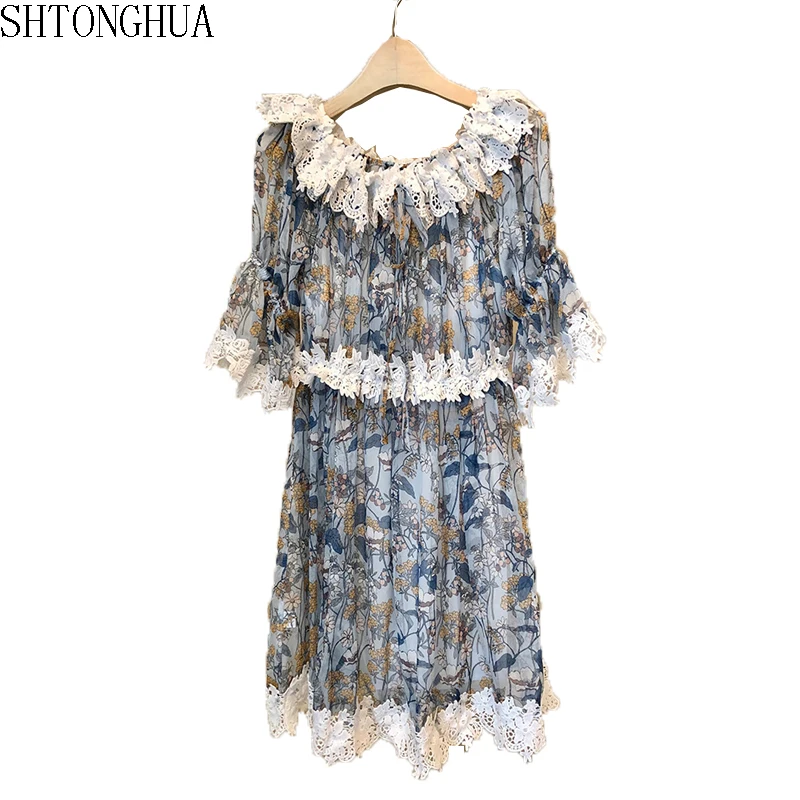 Elegant floral print dress Slash neck short sleeve lace patchwork chiffon flare sleeve vestidos 2019 runway Designer dress
Elegant floral print dress Slash neck short sleeve lace patchwork chiffon flare sleeve vestidos 2019 runway Designer dress