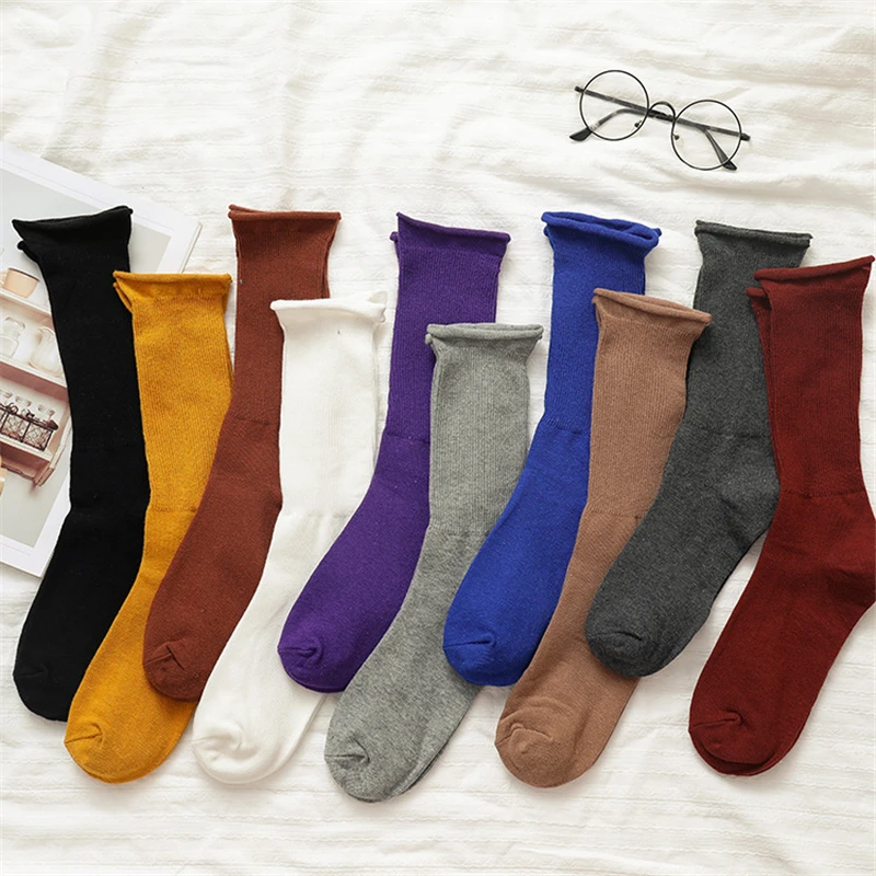 

CHAOZHU New Solid Colors Women Lady Daily Loose Socks Socky-Wockies Japanese Girls Long Crew Rib Cotton Causal High Quality Sock