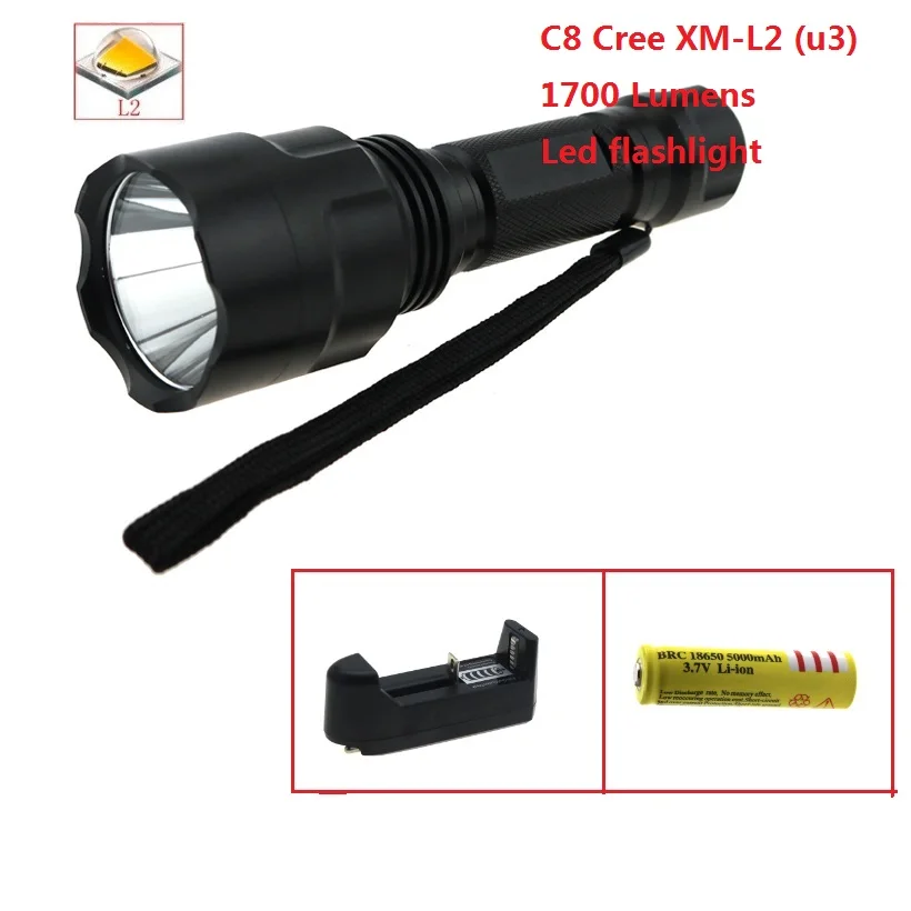 OEM C8 CREE XM-L2 U3 LED 1700 Lumens led Tactical Flashlight Torch Bike Lamp + charger+ 5000mah 18650 battery
OEM C8 CREE XM-L2 U3 LED 1700 Lumens led Tactical Flashlight Torch Bike Lamp + charger+ 5000mah 18650 battery