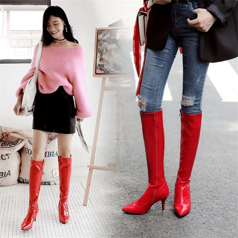 Fashion Japanned Leather Side Zip Platform High Heels Knee High Boots Sexy Steel Pipe Dance Boots Big Size 32-46 Long Boots Shoe (25)