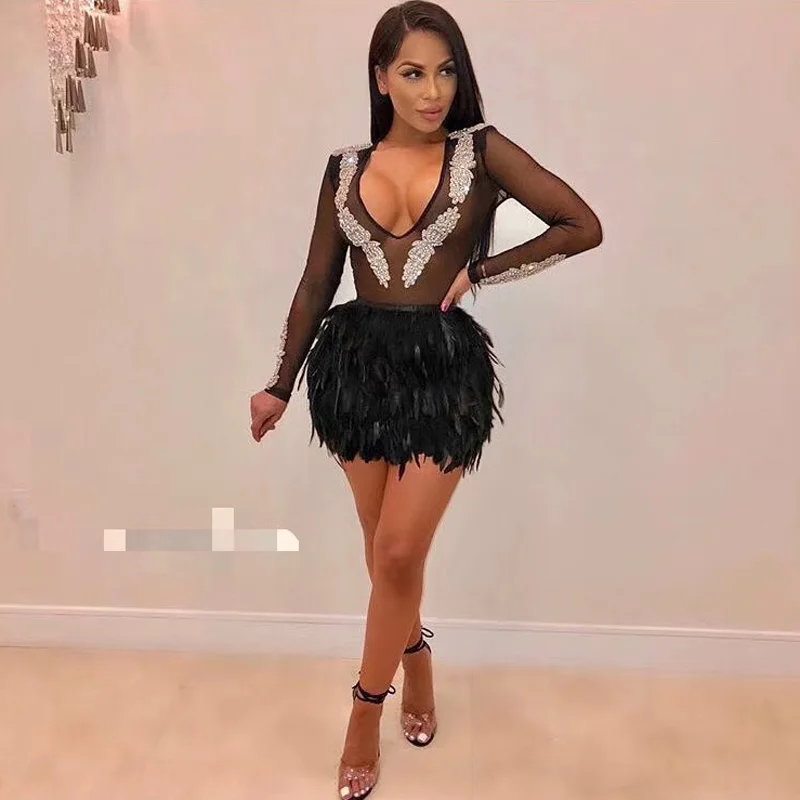 New Fashion Black Feathers Celebrity Cocktail Party Dress Women Sexy See Through Mesh Beading Bandage Dress Vestidos Wholesale
New Fashion Black Feathers Celebrity Cocktail Party Dress Women Sexy See Through Mesh Beading Bandage Dress Vestidos Wholesale