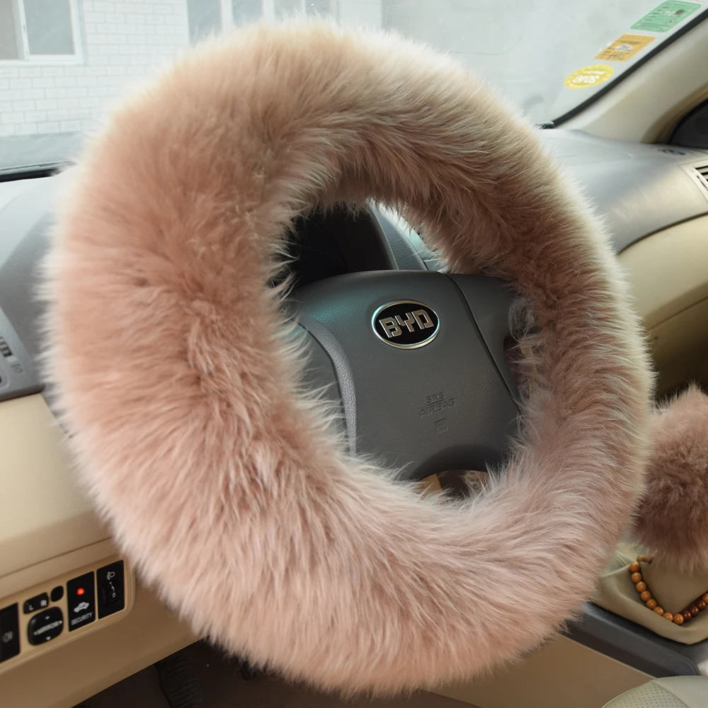 3x Car Steering Wheel Cover Handbrake Cover Gear Knob Cover Plush Fur Fluffy