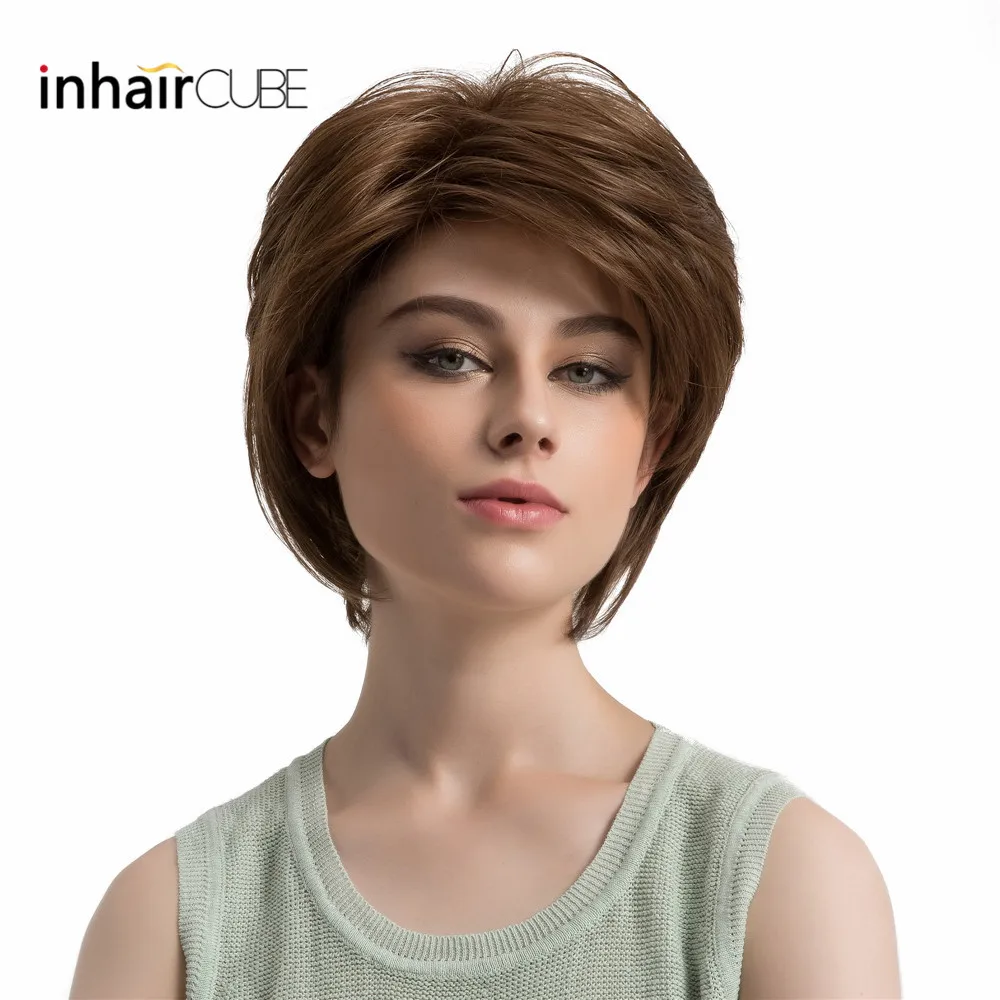 

Esin Shoulder Length Synthetic Inclined Bangs Women Fluffy Natural Wig Light Brown Short Straight Hair Bob Glueless Party Wig