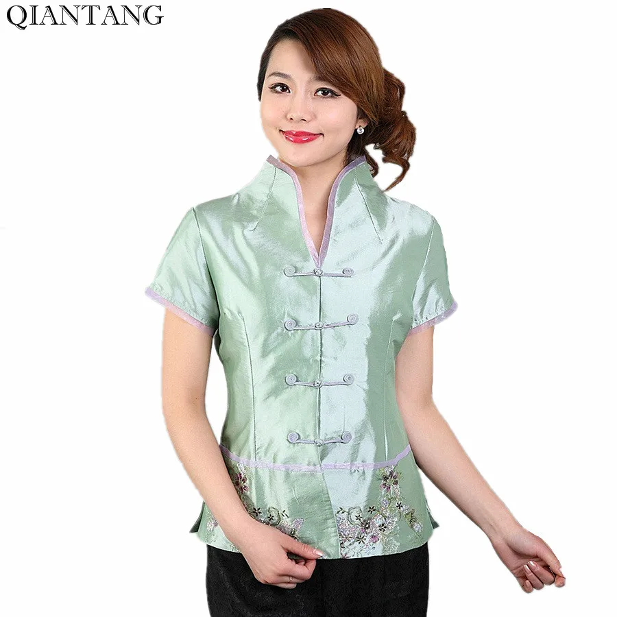 Light Green Traditional Chinese Style V-Neck Shirt Tops Classic Women's Satin Blouse Size S M L XL XXL XXXL Mujere Camisa Mnz06A
Light Green Traditional Chinese Style V-Neck Shirt Tops Classic Women's Satin Blouse Size S M L XL XXL XXXL Mujere Camisa Mnz06A