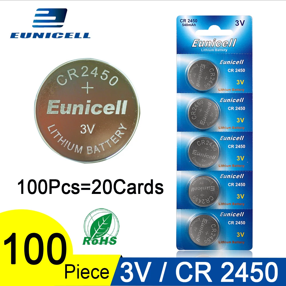 100pcs/lot Eunicell 350mAh CR2450 CR 2450 ECR2450 KCR2450 5029LC LM2450 Button Cell Coin Battery 3V Lithium Watch Batteries
100pcs/lot Eunicell 350mAh CR2450 CR 2450 ECR2450 KCR2450 5029LC LM2450 Button Cell Coin Battery 3V Lithium Watch Batteries