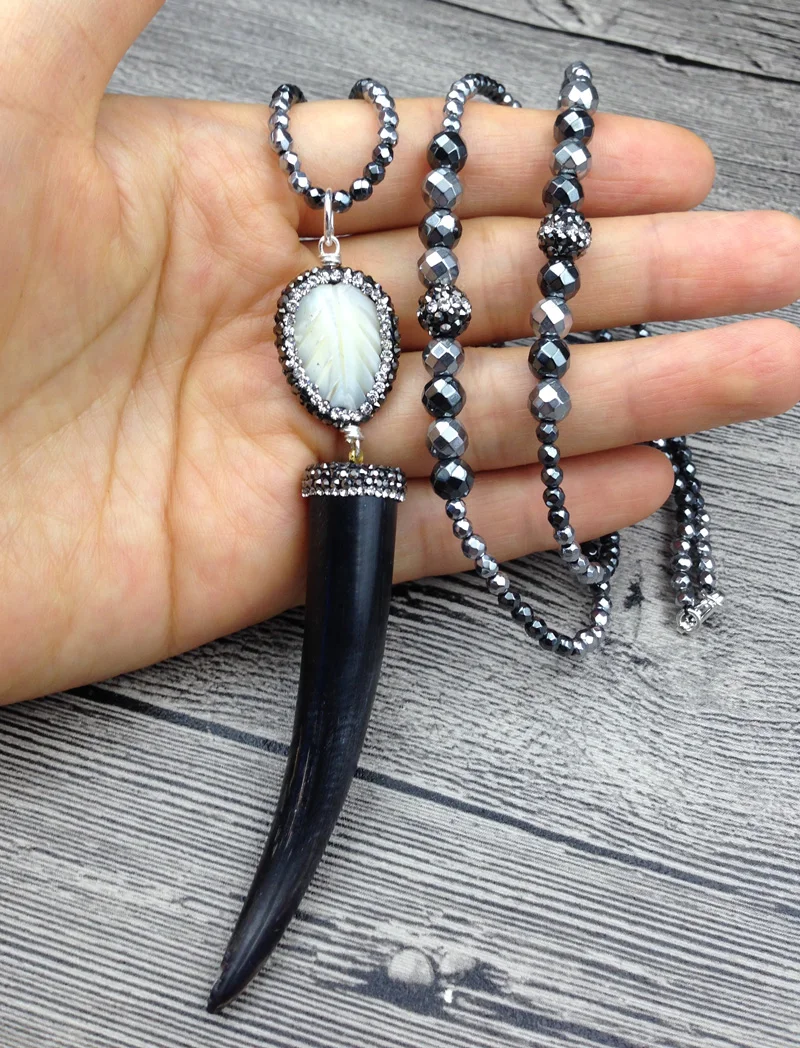 YA2509 Pave CZ Crystal Black Goat Horn Pendant Shell Charm Hematite Stone Beads Necklace 30inch long
YA2509 Pave CZ Crystal Black Goat Horn Pendant Shell Charm Hematite Stone Beads Necklace 30inch long