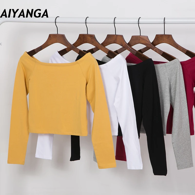 Quality Cotton Long Sleeve T-Shirts Female Sexy Off Shoulder Crop Tops Women Slash Neck Slim Under Shirts Tops Spring Autumn
Quality Cotton Long Sleeve T-Shirts Female Sexy Off Shoulder Crop Tops Women Slash Neck Slim Under Shirts Tops Spring Autumn