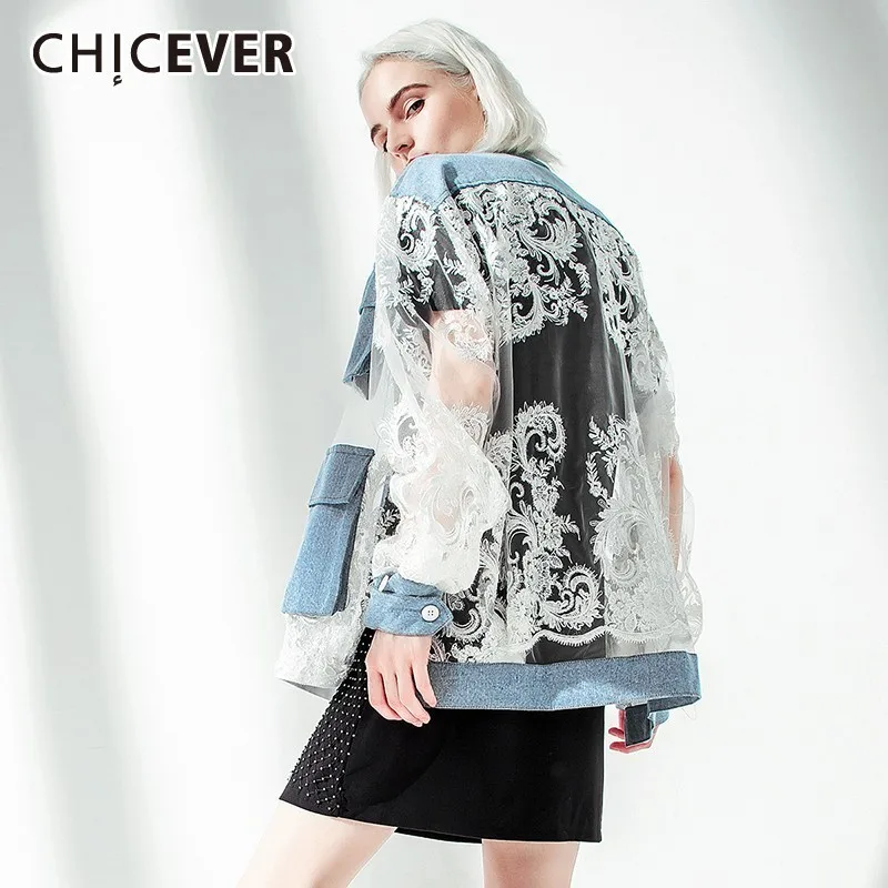 CHICEVER Summer Vintage Perspective Lace Patchwork Denim Women Coat Stand Collar Long Sleeve Button Pockets Slim Female Jacks
CHICEVER Summer Vintage Perspective Lace Patchwork Denim Women Coat Stand Collar Long Sleeve Button Pockets Slim Female Jacks