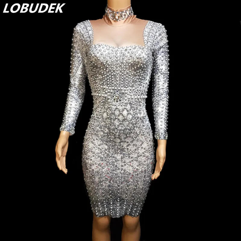 Silver Gray Pearls Crystals Package Hips Dress Women Stretch Skinny Short Dress Birthday Celebration Stage Costume Host Dresses
Silver Gray Pearls Crystals Package Hips Dress Women Stretch Skinny Short Dress Birthday Celebration Stage Costume Host Dresses