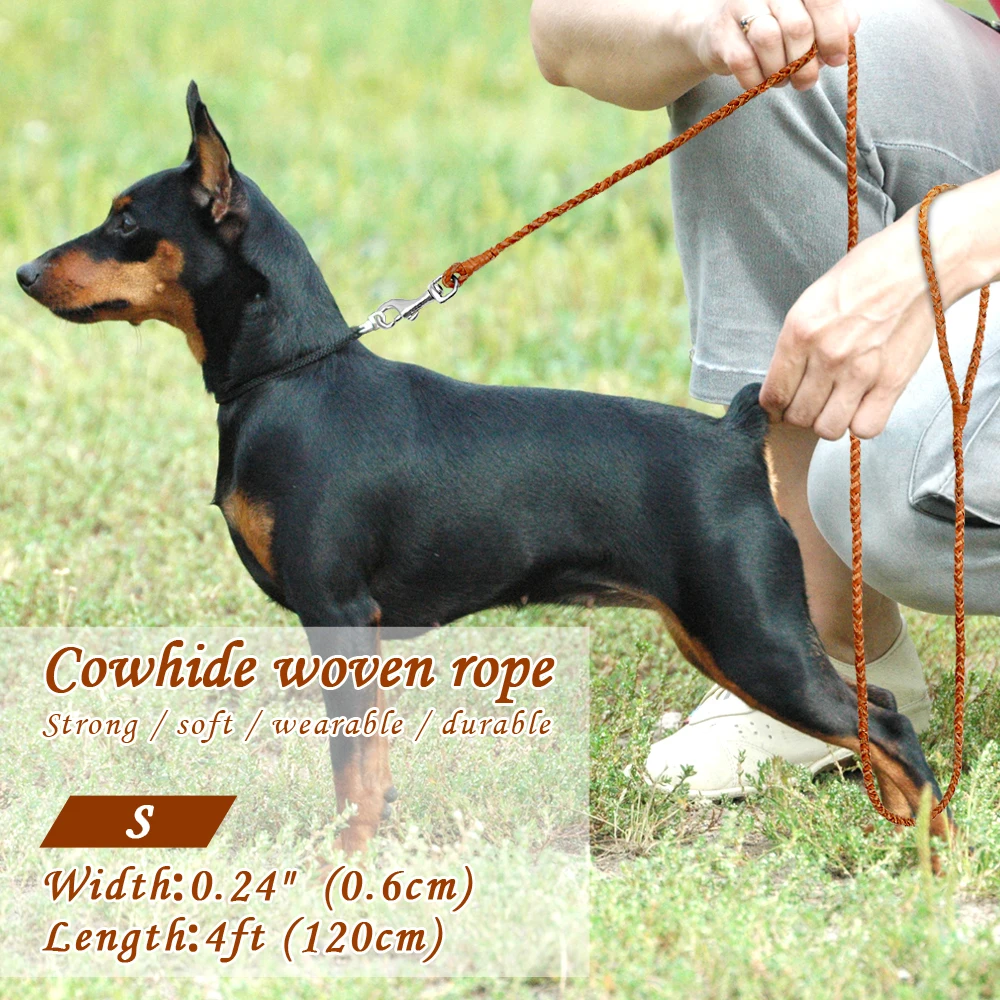 Braided Leather Puppy Walking Leash Leads Brown Color 4ft Long | DogsMall-International