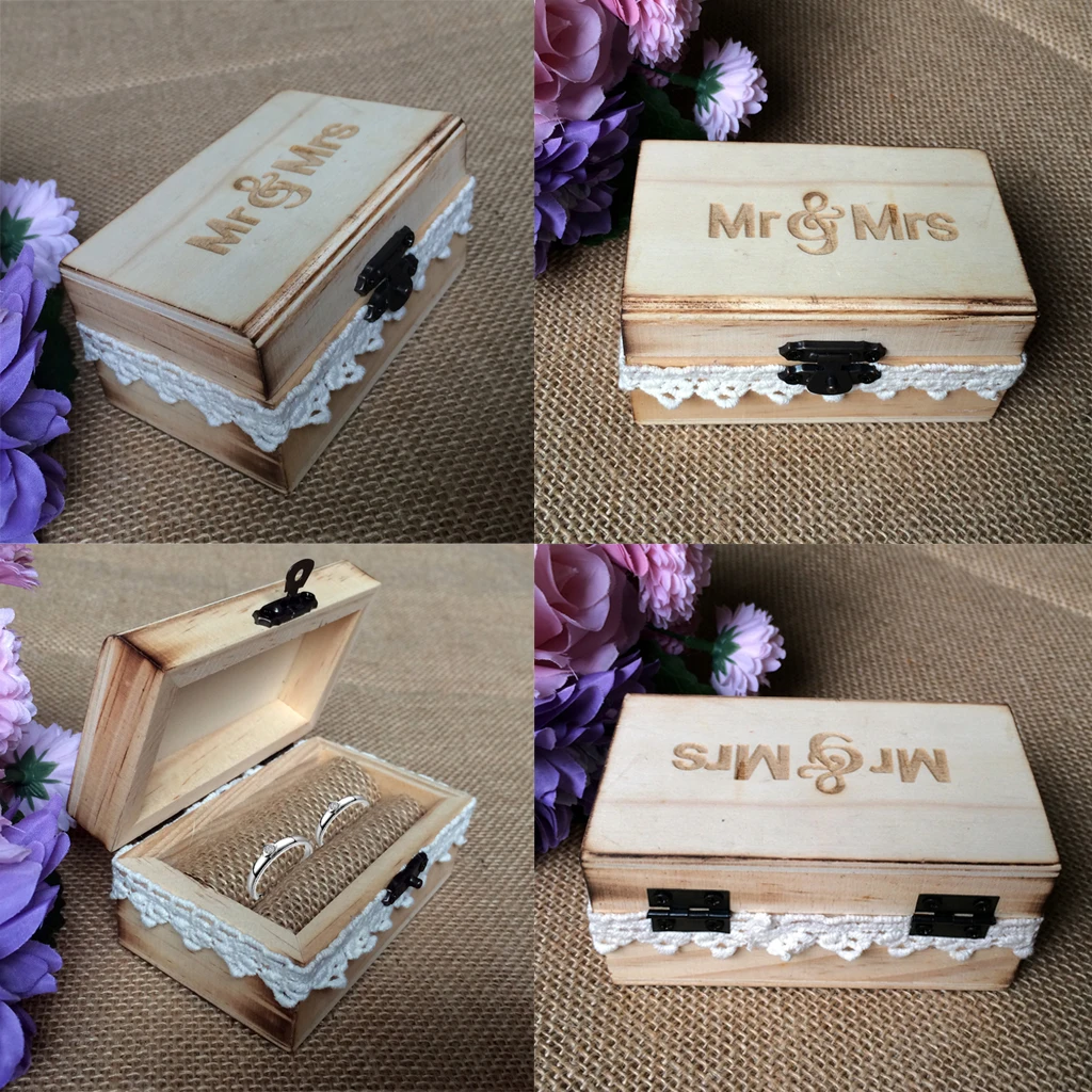 Image Vintage Mr   Mrs Wooden Ring Box with Cotton Lace Ring Holder Case Wedding Party Ring Bearer Box Gift