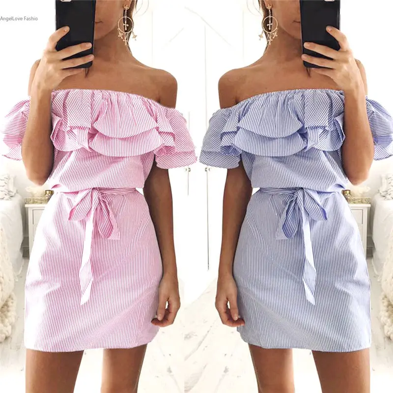 New Women Ruffle Slash Neck Off Shoulder Dress Summer Vestidos Short Sleeve Striped Print Party Dresses with Belt
New Women Ruffle Slash Neck Off Shoulder Dress Summer Vestidos Short Sleeve Striped Print Party Dresses with Belt