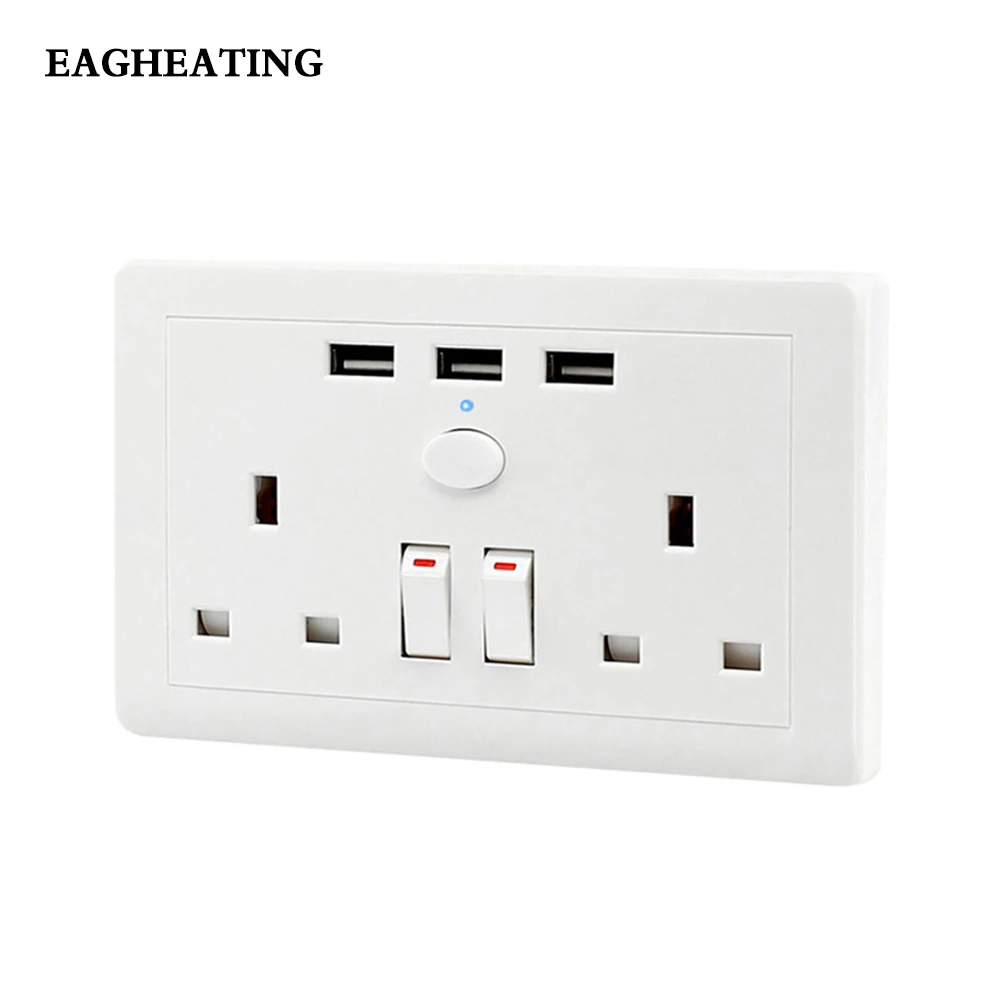 

Double Wall 2 Gang Socket with 3 USB Fast Charger Ports Plug Switch Plate 13A 250V UK