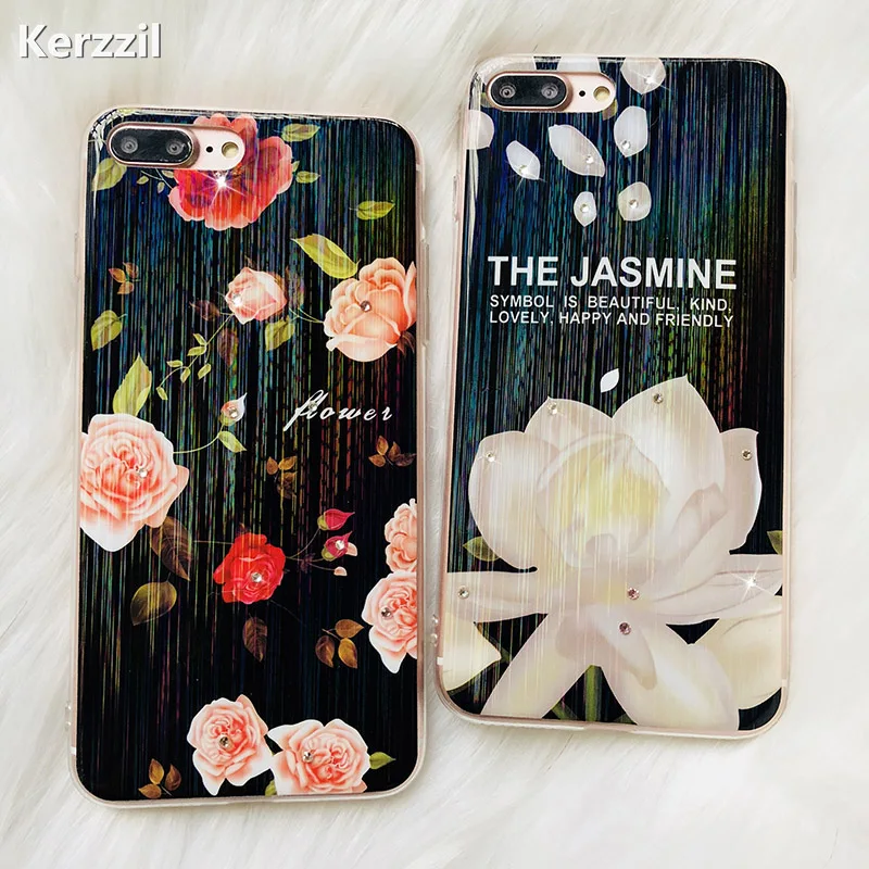 Kerzzil красочные лазерные Стразы Цветы Чехлы для iPhone X 7 8 Plus Алмазный Мягкий ТПУ