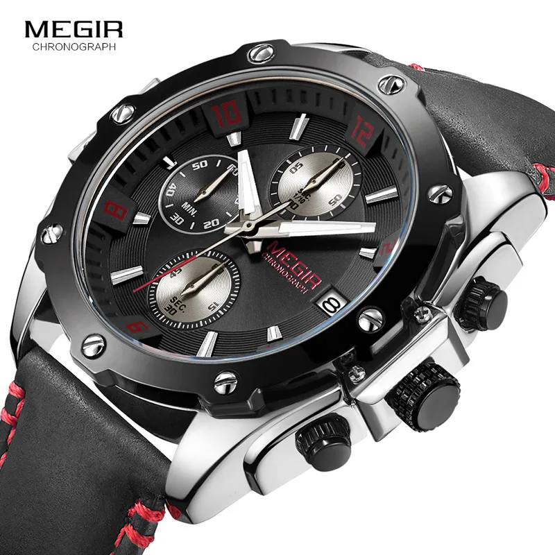 

MEGIR Men's Chronograph Quartz Watches Fashion Black Leather Strap Luminous Analogue Sports Wrist Watch for Man 2074GS-BK-1N8