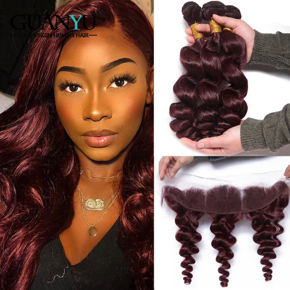 

Guanyuhair Burgundy Loose Wave 3 Bundles With 13X4 Lace Frontal Closure Ear to Ear 99J Human Hair Peruvian Remy Hair Extensions