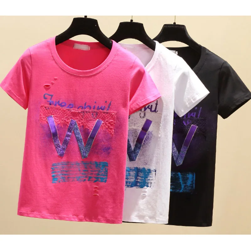 Фото GGRIGHT 2019 Summer T-Shirt Female New Woman Clothes Short Sleeve Hole T Shirt Women Tshirt Cotton Letter kawaii Tee Femme | Женская
