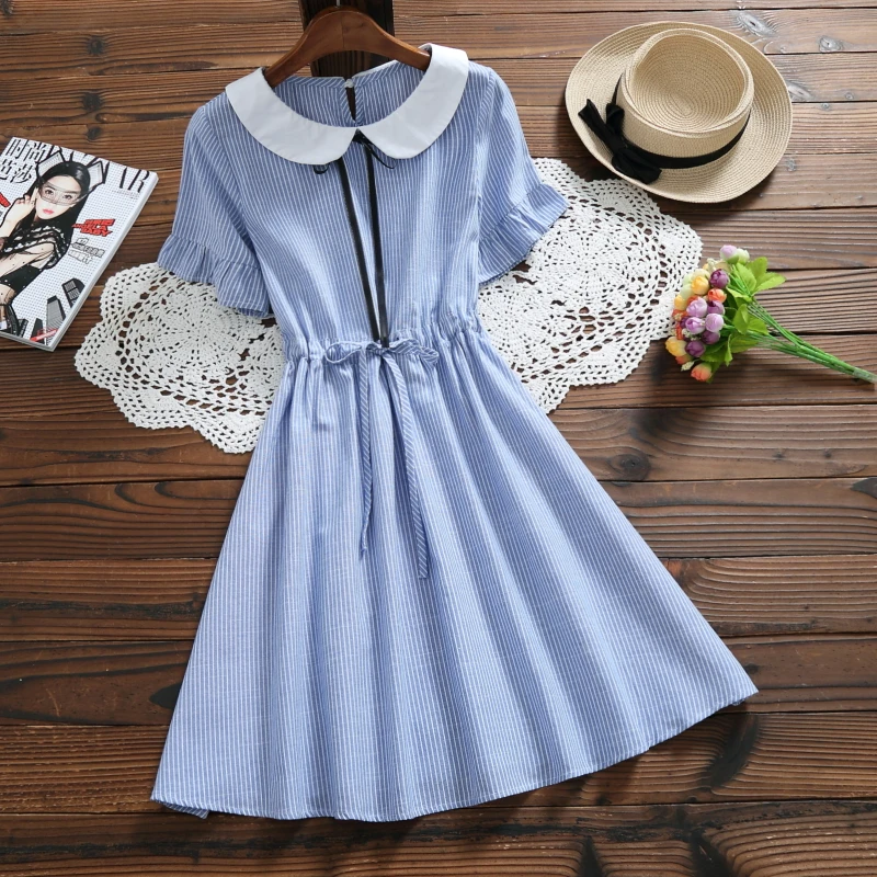 Preppy Style Summer Women Kawaii Dress Peter Pan Collar Stripe Ropa Mujer Short Sleeve Cotton Linen Elegant Elbise Ladies Dress
Preppy Style Summer Women Kawaii Dress Peter Pan Collar Stripe Ropa Mujer Short Sleeve Cotton Linen Elegant Elbise Ladies Dress