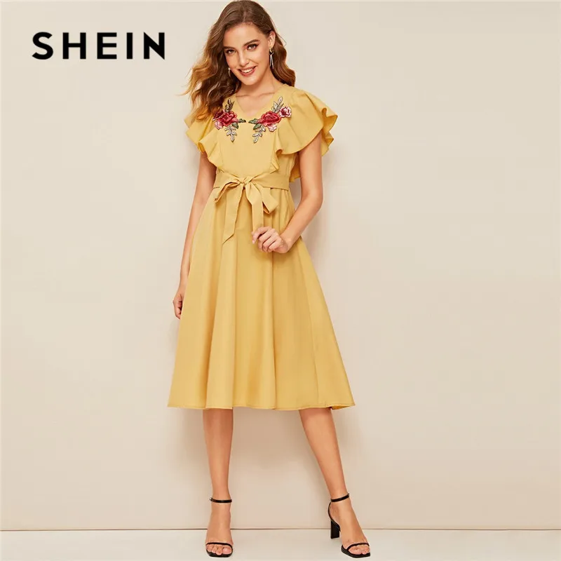 

SHEIN Ruffle Armhole Floral Embroidered Self Belted Summer Dress Women Elegant V Neck Midi Dress High Waist Yellow Dress