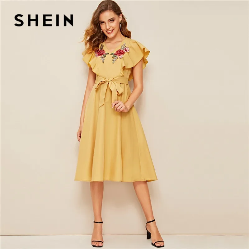 SHEIN Ruffle Armhole Floral Embroidered Self Belted Summer Dress Women Elegant V Neck Midi Dress High Waist Yellow Dress
SHEIN Ruffle Armhole Floral Embroidered Self Belted Summer Dress Women Elegant V Neck Midi Dress High Waist Yellow Dress