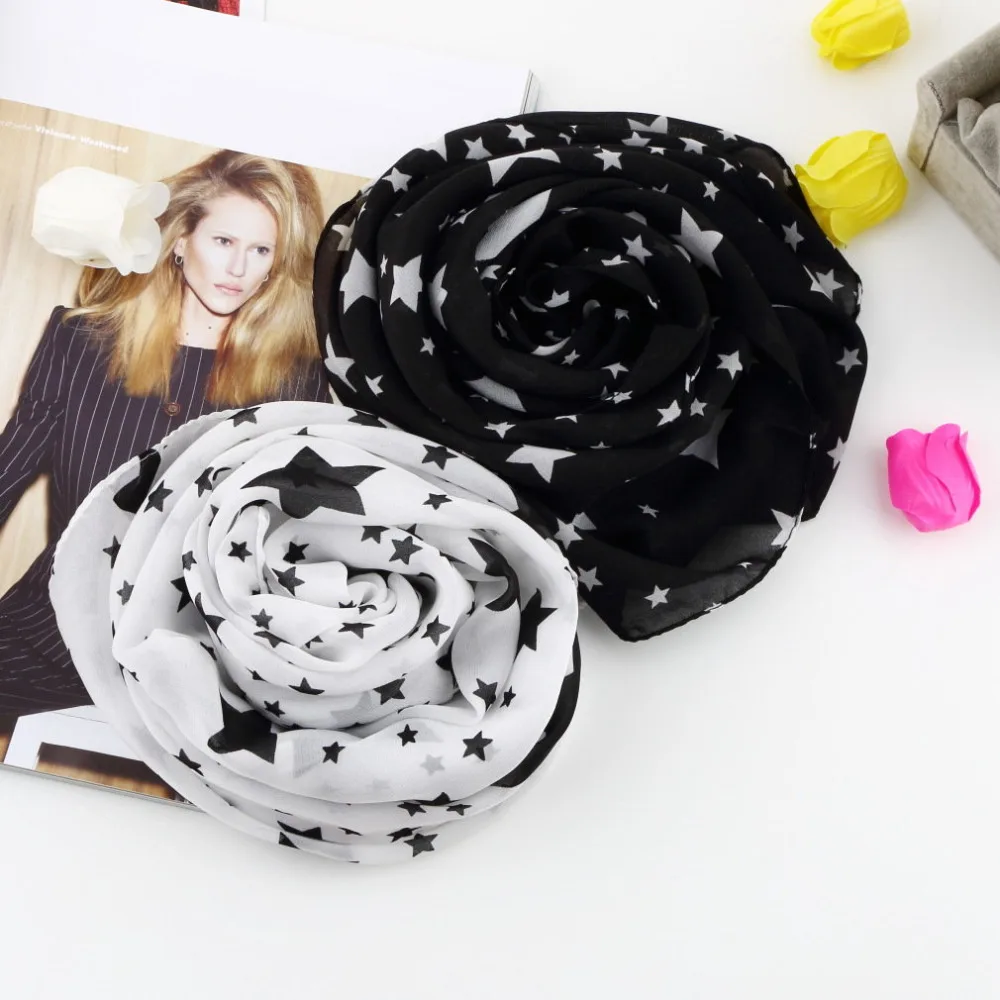 1Pcs Women Winter Necessity Black White Stars Scarf Chiffon Large Shawl Soft Comfortable Fashion Elegant Lady Autumn | Аксессуары для