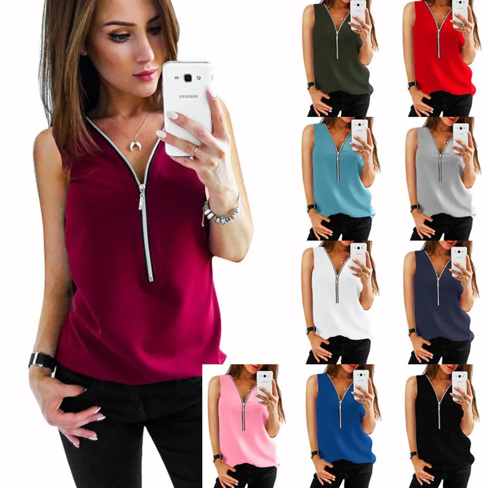 Women Summer Fashion Loose Chiffon Blouse Casual Sleeveless Zip Decroration Beach Blouse Shirt Plus Size Blusas Feminino EF6202
Women Summer Fashion Loose Chiffon Blouse Casual Sleeveless Zip Decroration Beach Blouse Shirt Plus Size Blusas Feminino EF6202