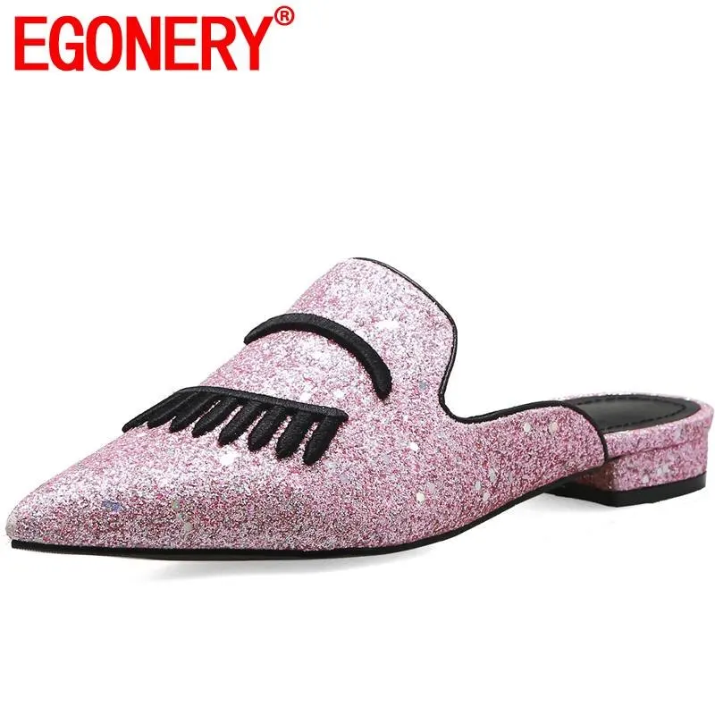 EGONERY sweet eyelash pattern genuine cow leather pointed toe woman slippers summer pink sheepskin insole girl mules fats shoes
EGONERY sweet eyelash pattern genuine cow leather pointed toe woman slippers summer pink sheepskin insole girl mules fats shoes