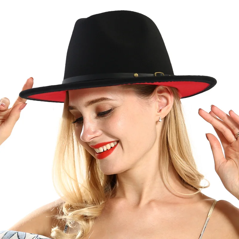 2019 Two-tone Wool Red and Black Fedora Hat Woman Men Female Wool Flat Jazz Hat Winter Hat for Women Caps Belt Rivet Sun Caps
2019 Two-tone Wool Red and Black Fedora Hat Woman Men Female Wool Flat Jazz Hat Winter Hat for Women Caps Belt Rivet Sun Caps