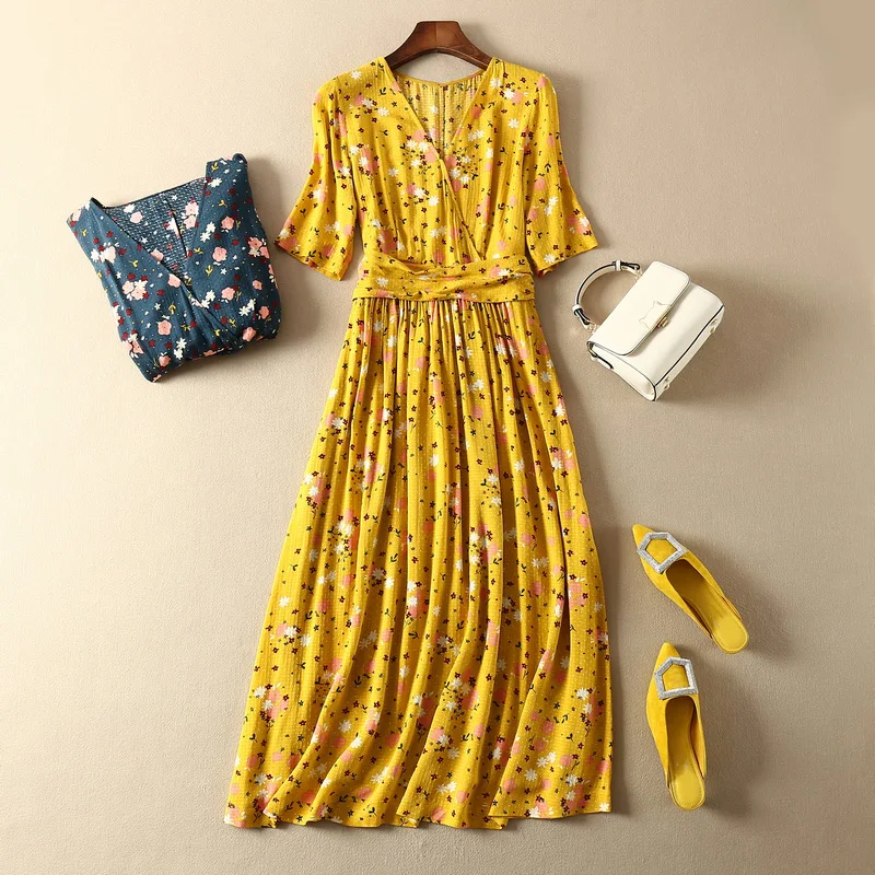 Viscose 100% Women Floral Printed Jacquard Wrap V Neck Midi Dress With Waist Ties & Short Sleeves
Viscose 100% Women Floral Printed Jacquard Wrap V Neck Midi Dress With Waist Ties & Short Sleeves