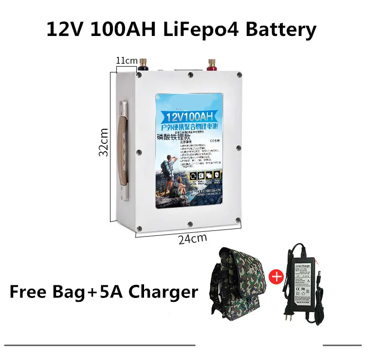 Rechargeable LiFepo4 12V 100Ah lithium ion battery for EV solar street light RV caravan marine golf cart+5A charger +Bag
Rechargeable LiFepo4 12V 100Ah lithium ion battery for EV solar street light RV caravan marine golf cart+5A charger +Bag