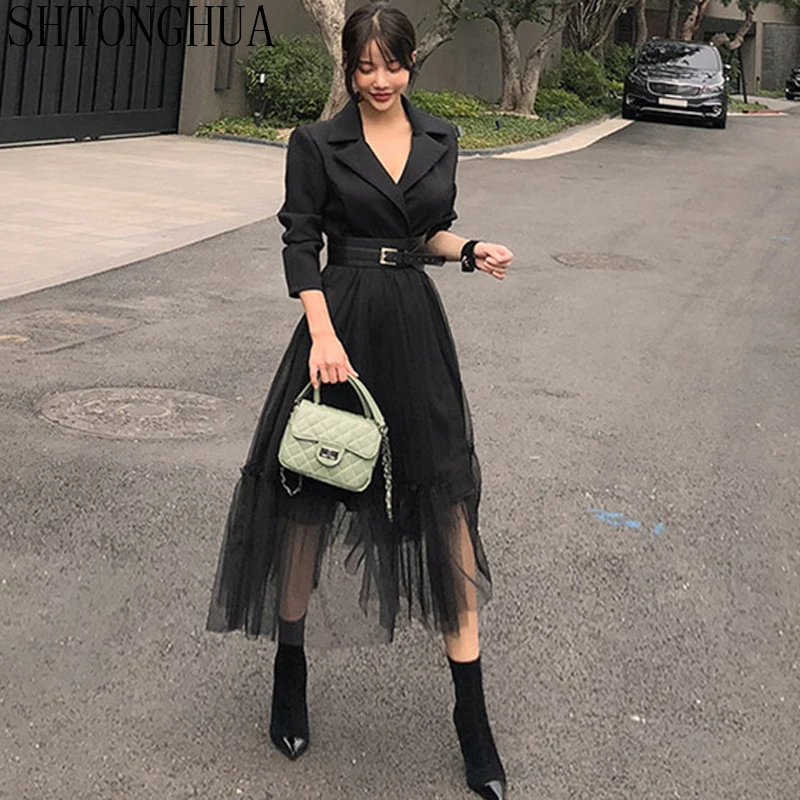 SHTONGHUA 2019 Spring HIGH QUALITY Sexy Patchwork Dress Women Notched Neck Mesh Waist Dresses Long Swing Vestido Belt
SHTONGHUA 2019 Spring HIGH QUALITY Sexy Patchwork Dress Women Notched Neck Mesh Waist Dresses Long Swing Vestido Belt