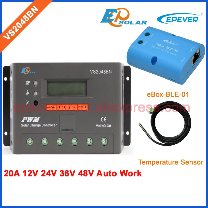 PWM Solar Charger regulator VS2048BN 48V 36V solar controller LCD display EPEVER with eBOX-BLE-01 and Temp sensor 20A 12V
PWM Solar Charger regulator VS2048BN 48V 36V solar controller LCD display EPEVER with eBOX-BLE-01 and Temp sensor 20A 12V