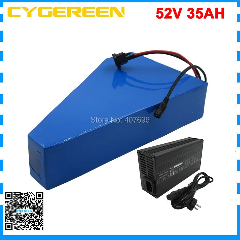 

2000W 52V Ebike battery 52V 35AH triangle lithium battery pack with free bag GA 3500mah cell 50A BMS With 58.8V 4A Charger