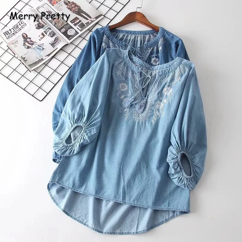 Merry Pretty Denim Floral Embroidery Lace Up Blouses And Tops 2019 Autumn Long Sleeve V-Neck Elastic Cuff Casual Loose Blouse
Merry Pretty Denim Floral Embroidery Lace Up Blouses And Tops 2019 Autumn Long Sleeve V-Neck Elastic Cuff Casual Loose Blouse