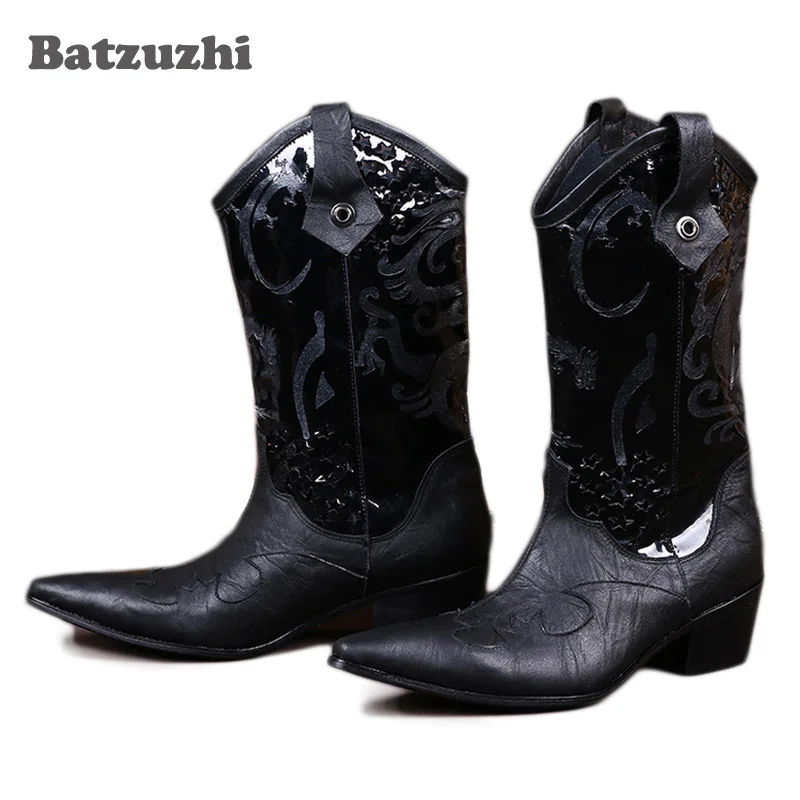 

Batzuzhi Western Men Mid-Calf Leather Boots 6.5CM Black Men Boots Pointed Toe Increased High Heels Leather Boots Big Size 38-46