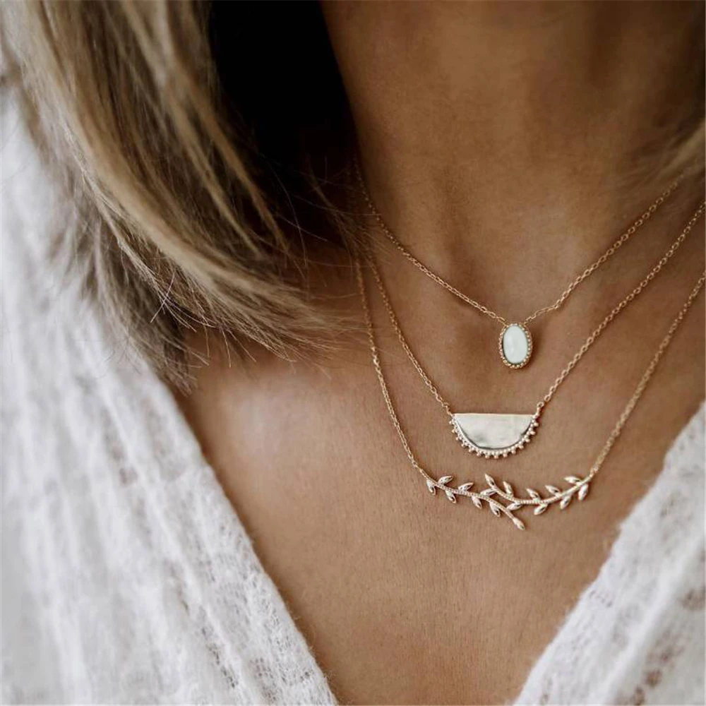 

Multilayer Olive Branch Leaf Opal Pendant Necklace for Women 2019 Boho Choker Necklaces Vintage Fashion Collar Party Jewelry