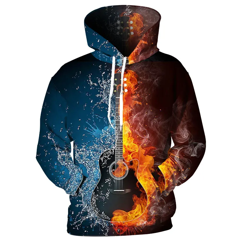 

Cloudstyle 3D Hoodies Men Fire Ice Guitar 3D Print Fashion Hoody Sweatshirt Streetwear Casual Pullovers Loose Thin Spring Tops