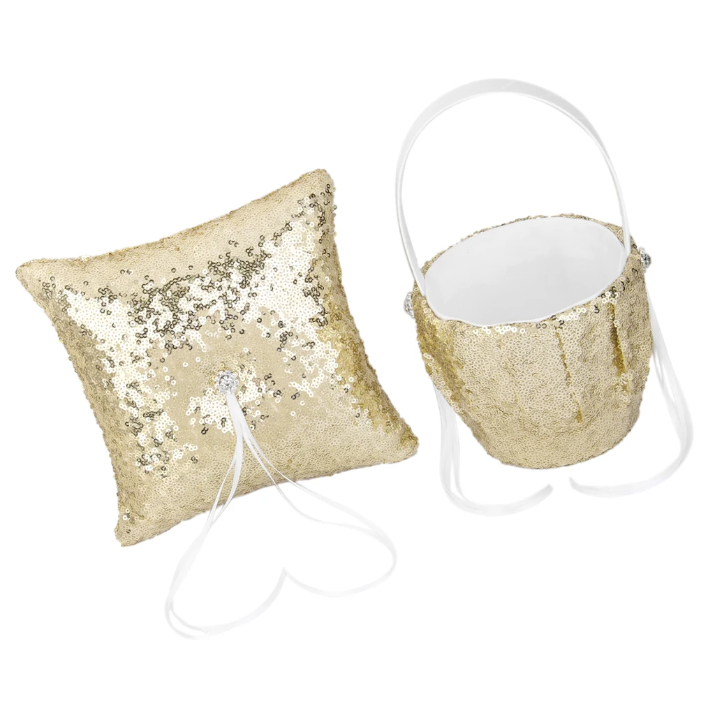 Gold Sequins Satin Wedding Flower Girl Basket and Ring Pillow Set Flower Girl Basket for Wedding Ceremony Party Decoration Gold Sequins Satin Wedding Flower Girl Basket and Ring Pillow Set Flower Girl Basket for Wedding Ceremony Party Decoration