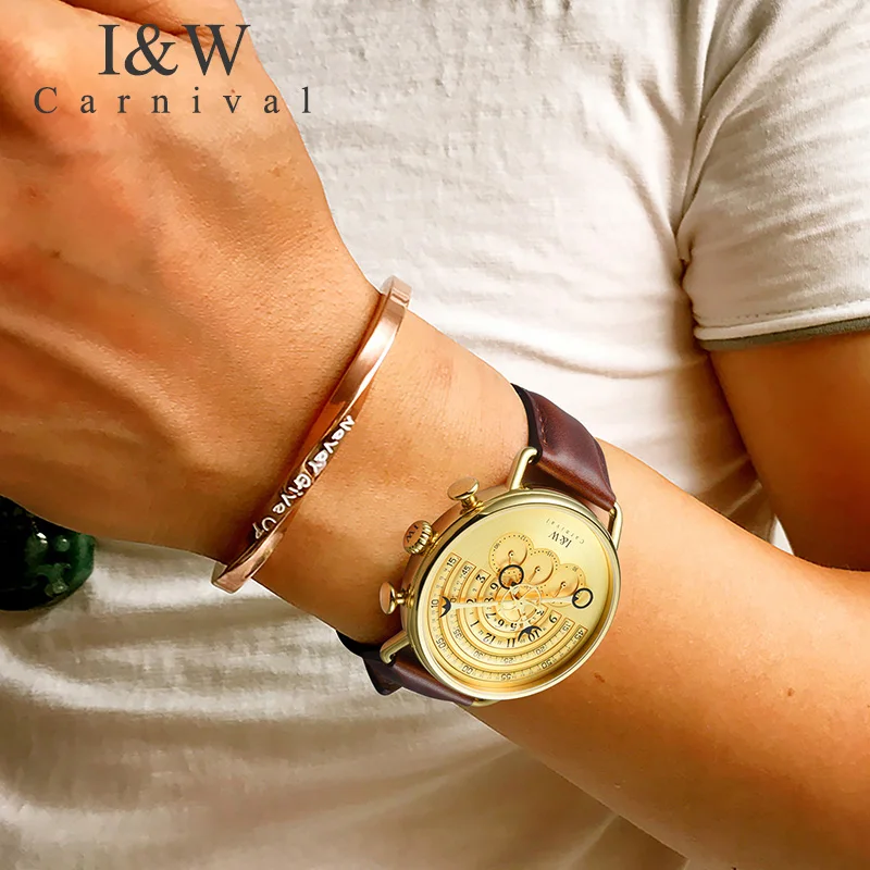 Фото Мужские золотые кварцевые часы CARNIVAL I & W в стиле стимпанк с золотым циферблатом