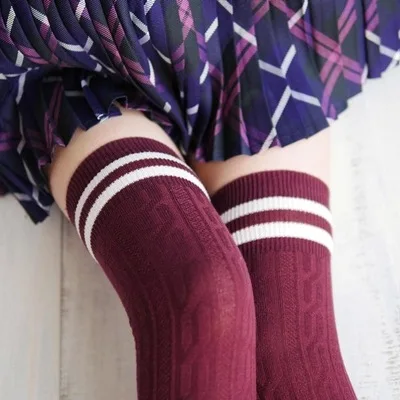 Image W144 twist vertical stripes stockings thin cotton over knee socks female college style heaps stockings