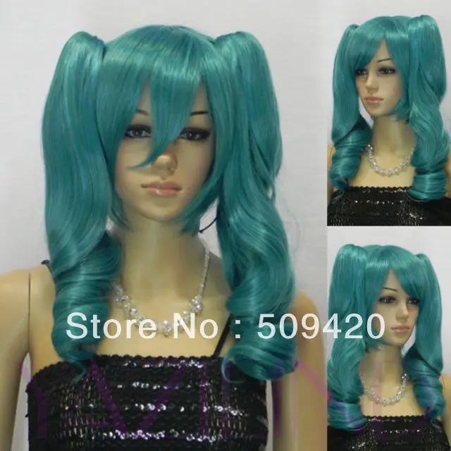 Free Shipping>>>new women ladies smoke blue Long curly wavy 2 ponytail cosplay party wig