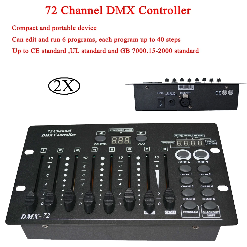 Контроллер профессиональный, 2 шт./лот, 72 DMX, сценическое освещение, оборудование для диджеев, консоль DMX 512, подвижный светодиодный светильник
Контроллер профессиональный, 2 шт./лот, 72 DMX, сценическое освещение, оборудование для диджеев, консоль DMX 512, подвижный светодиодный светильник