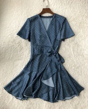 Women Gray-blue Wave Point Dot Print High Waist Short Sleeve One-piece Chiffon Slim Wrap Mini Dress With Belt
Women Gray-blue Wave Point Dot Print High Waist Short Sleeve One-piece Chiffon Slim Wrap Mini Dress With Belt
