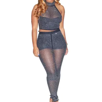 Diamonds Mesh Patchwork Women Set Sexy Sleeveless Halter Transparent Crop Top With Pants Two Piece Set Night Club Suit Female
Diamonds Mesh Patchwork Women Set Sexy Sleeveless Halter Transparent Crop Top With Pants Two Piece Set Night Club Suit Female
