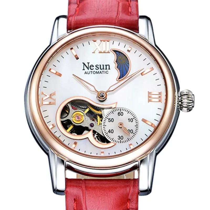 

Switzerland Luxury Brand NESUN Automatic Mechanical Women's Watches Diamond Moon Phase Leather Waterproof Luminous Clock N9061-6