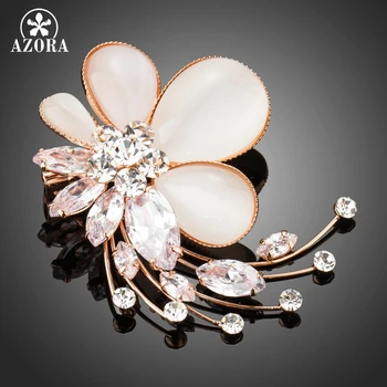 

AZORA Cat's Eye Stone Flower Brooch Pins for Woman Clear Cubic Zirconia Rose Gold Color Brooches Fashion Jewelry TP0063