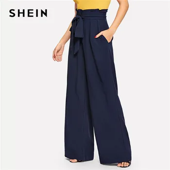 

SHEIN Navy Paperbag Waist Pocket Wide Leg Pants Casual Elastic High Waist Belted Trousers Women Long Pants For Spring