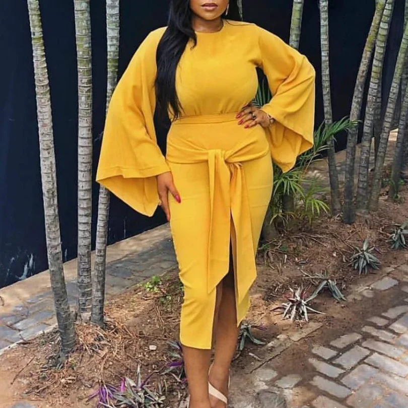 Women Bodycon Yellow Dresses Loose Flare Sleeve Split with Sashes Elegant Slim Elastic Robes Female Ladies Runics Plus Size 2XL
Women Bodycon Yellow Dresses Loose Flare Sleeve Split with Sashes Elegant Slim Elastic Robes Female Ladies Runics Plus Size 2XL