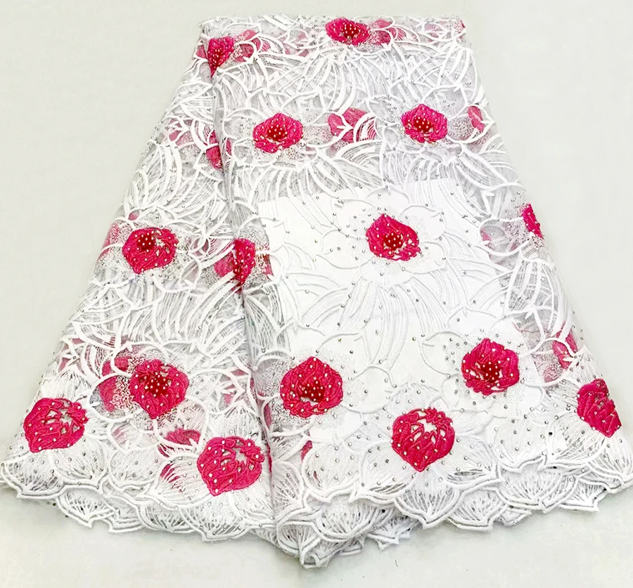 Newest style African Lace Fabric High Qualith Guipure Cord Lace Fabric White+Fuchsia Embroidery African Nigerian Lace With Stone
Newest style African Lace Fabric High Qualith Guipure Cord Lace Fabric White+Fuchsia Embroidery African Nigerian Lace With Stone